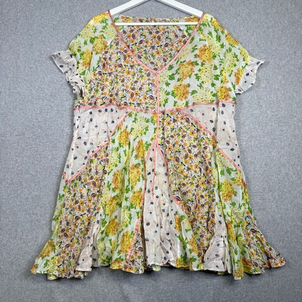 Free People Women's Size Medium Wildflower Patchwork Short Sleeve BOHO Blouse